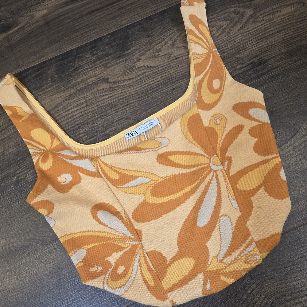 Zara Yellow Floral Crop Top Womens S Retro 70s Boho Fairy‎ Festival Funky